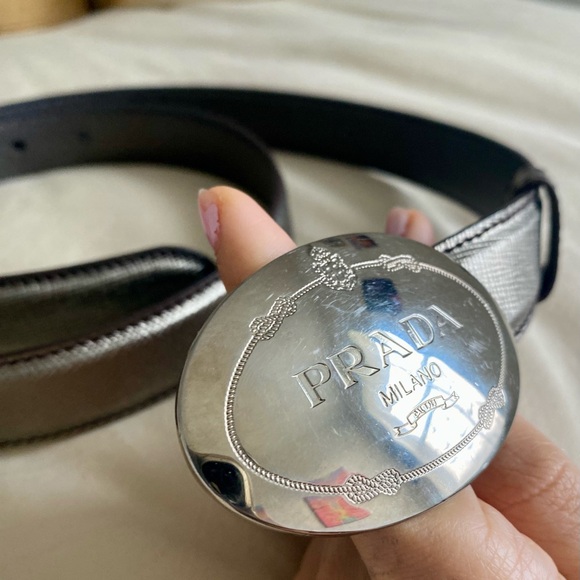 Prada Saffiano Engraved Logo Metallic Dark Silver Belt - Picture 7 of 13
